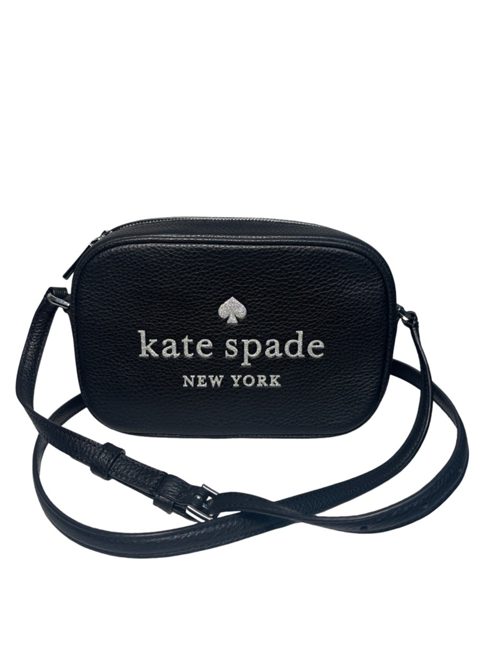 Kate Spade Black and Silver Glitter Pebbled Leather Camera Crossbody NWOT!